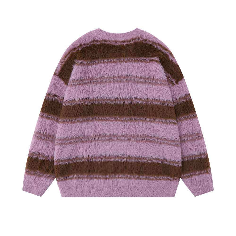 Men's Round Neck Striped Sweater with Fleece Lining