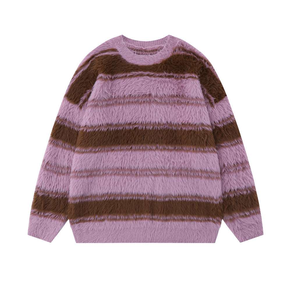 Men's Round Neck Striped Sweater with Fleece Lining