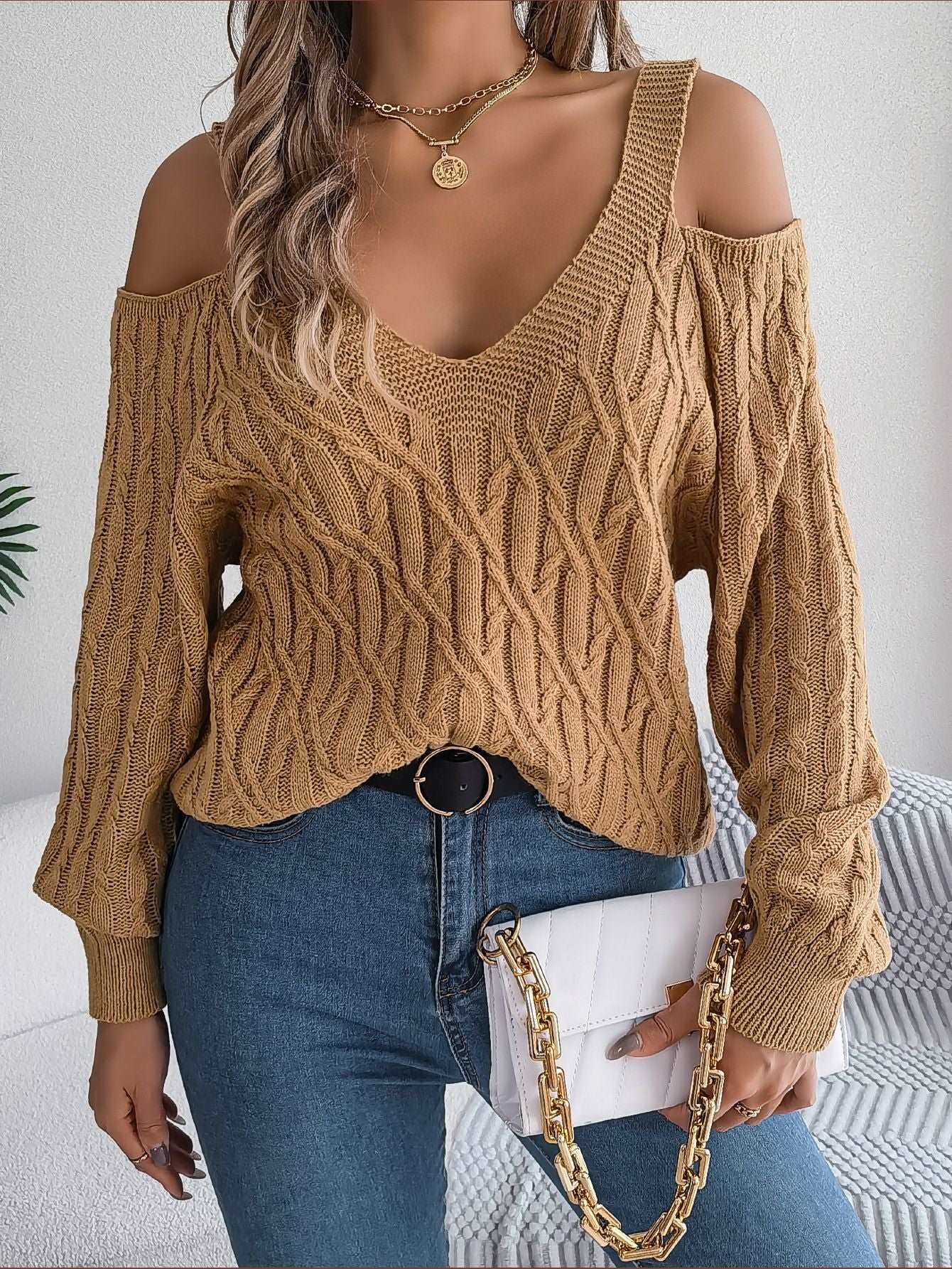 "Off-the-shoulder twist lantern sleeve women's sweaters."