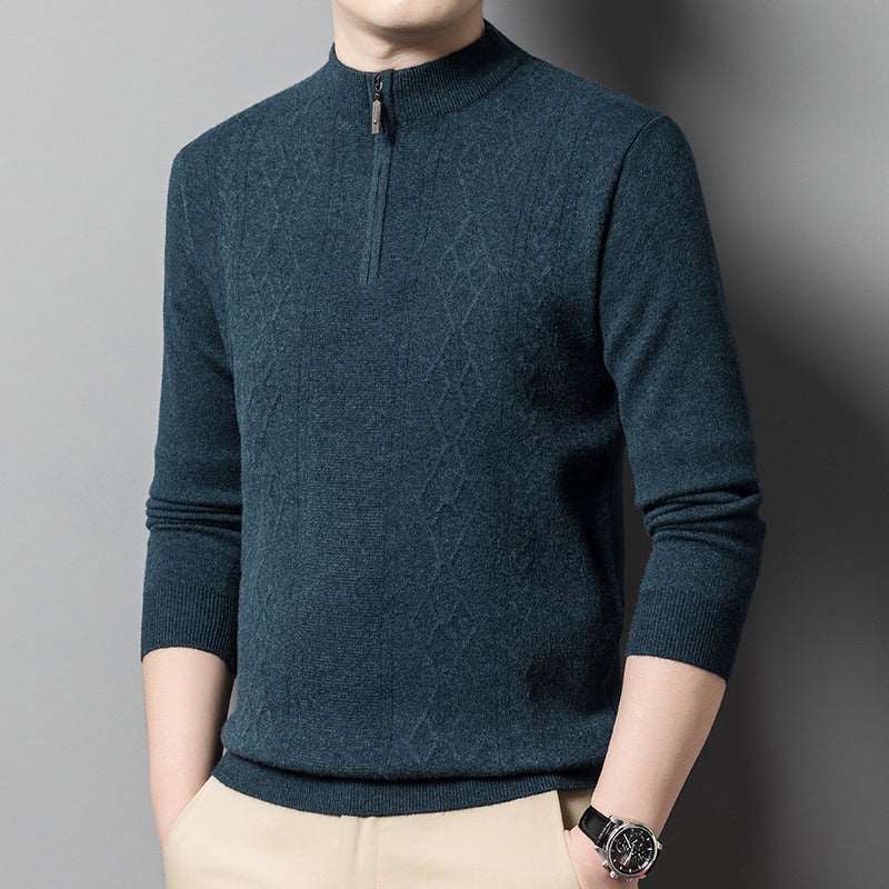 Men's half-zip thick wool sweater with turtleneck