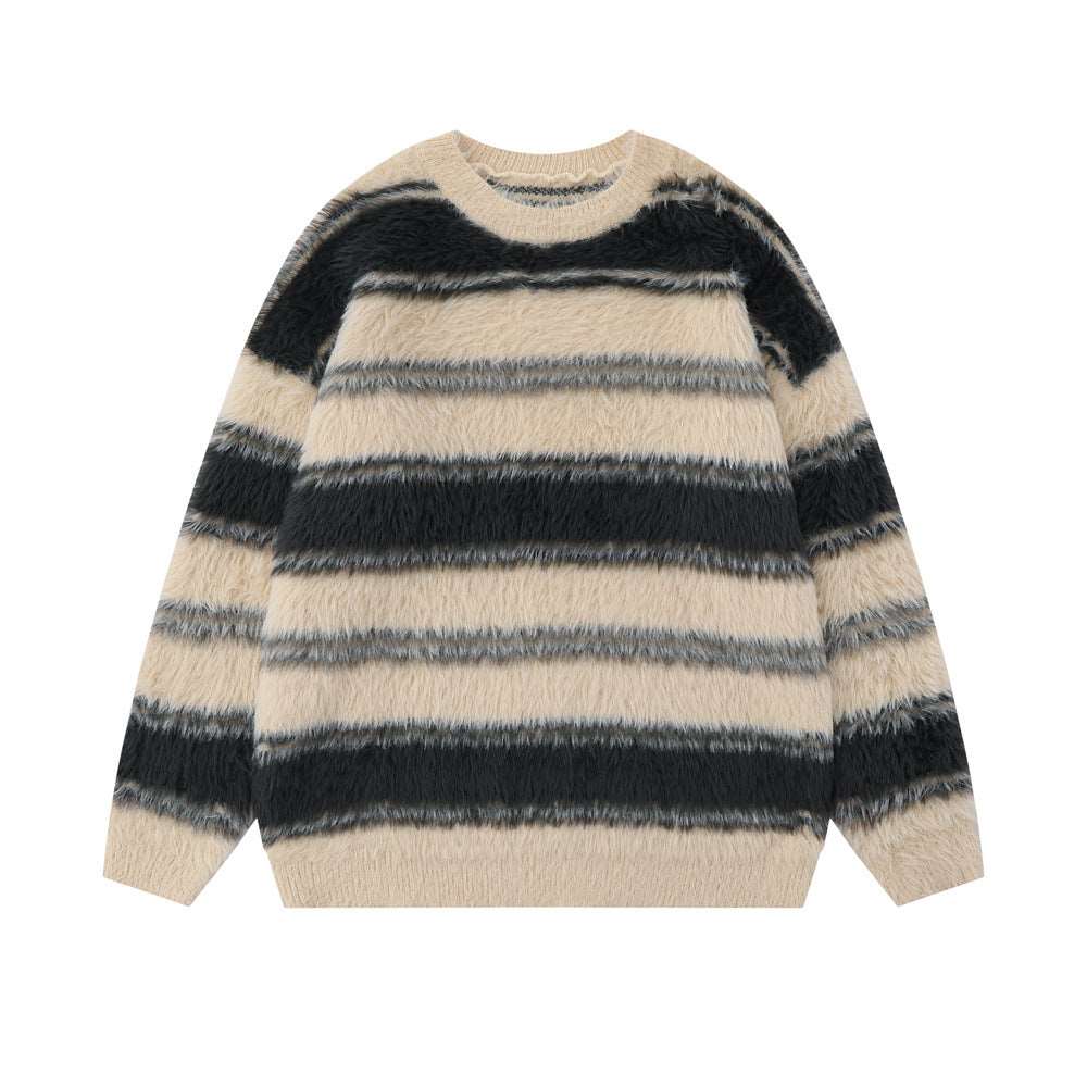 Men's Round Neck Striped Sweater with Fleece Lining