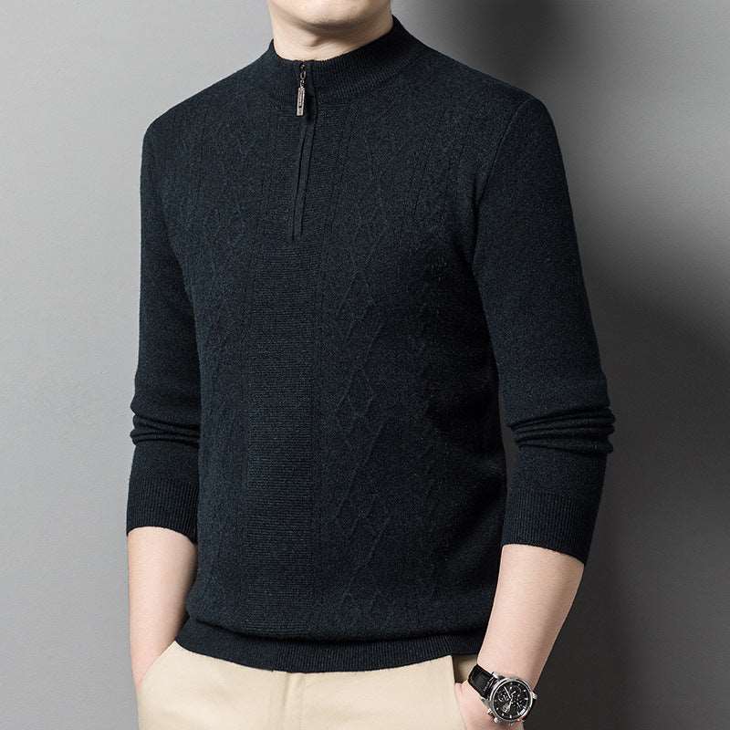 Men's half-zip thick wool sweater with turtleneck