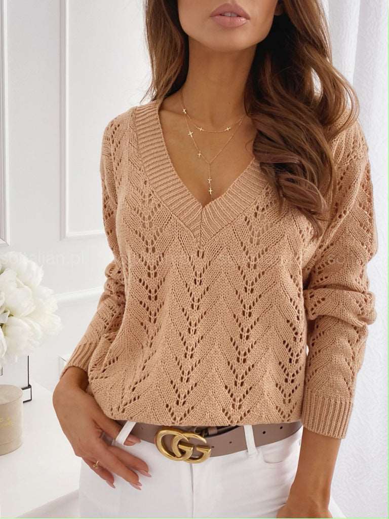 Stylish women's V-neck knit sweater with solid color and hollow-out details