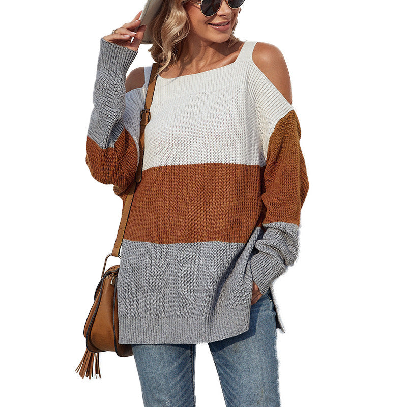 Contrast color women's off-the-shoulder sweater