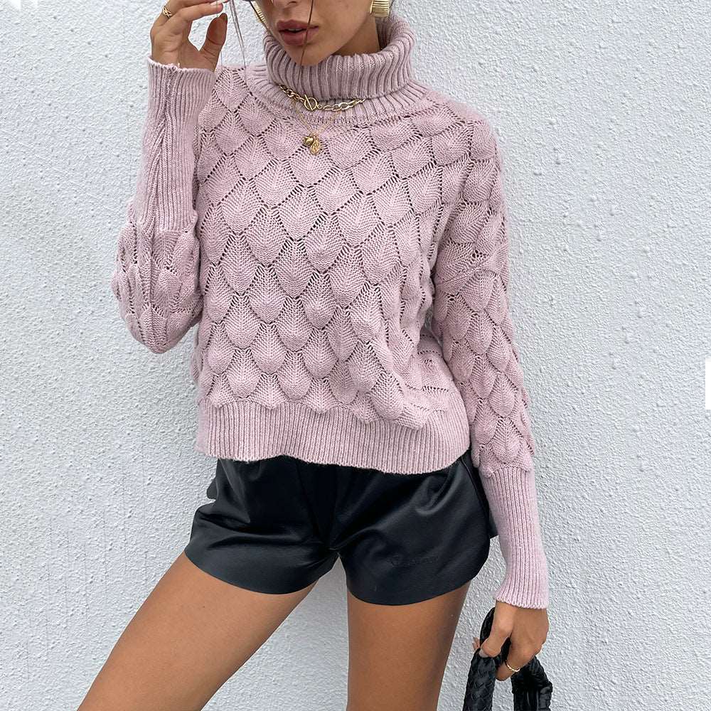 Women's solid colour turtleneck pullover rhombus knitted sweater