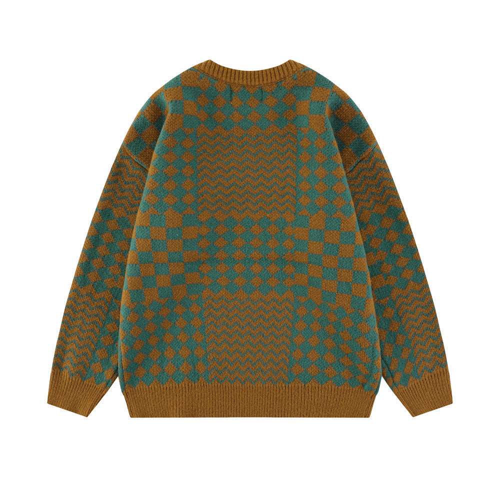 "Men's checkerboard knitted pullover sweater."