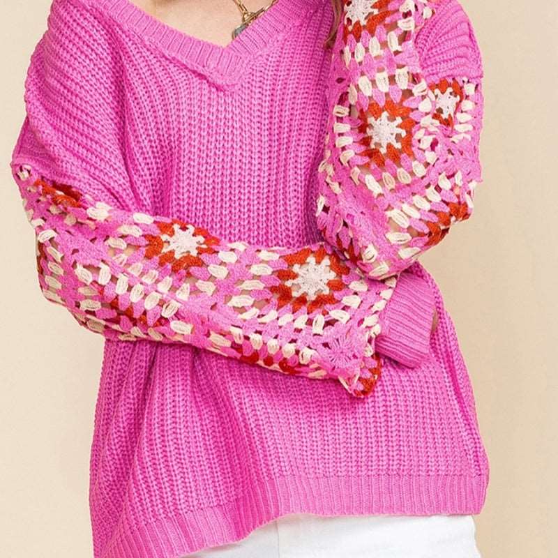 "Women's casual all-match crocheted knitted sweater: pullover long sleeve top."