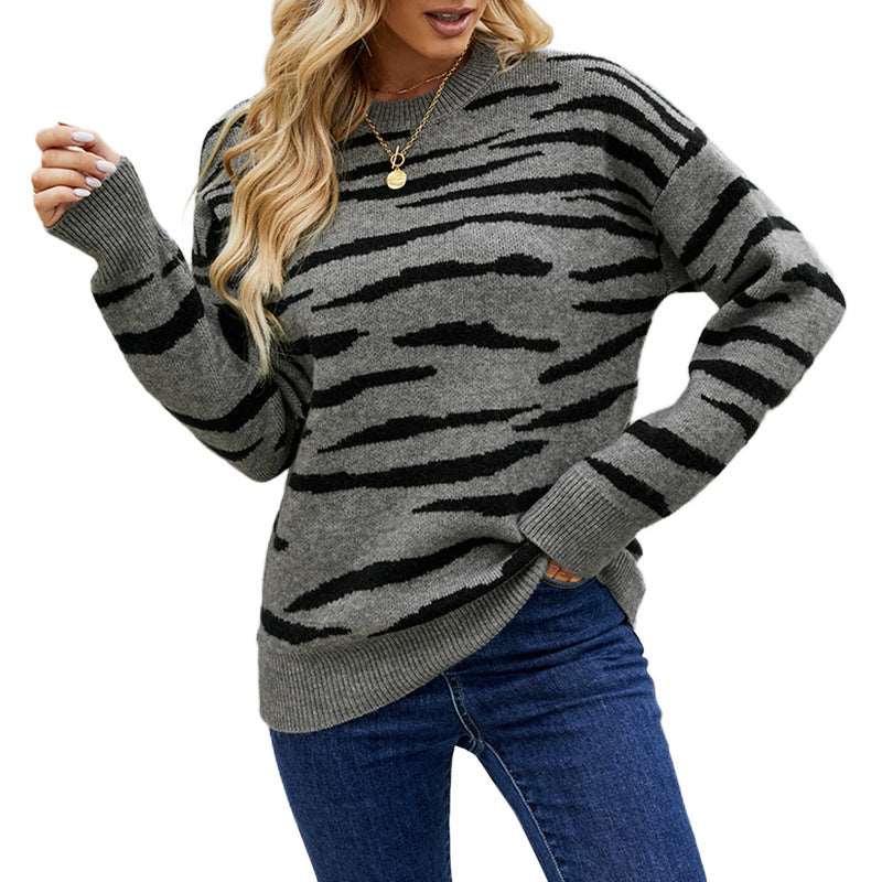 "Striped tiger pattern color matching pullover sweater for women."