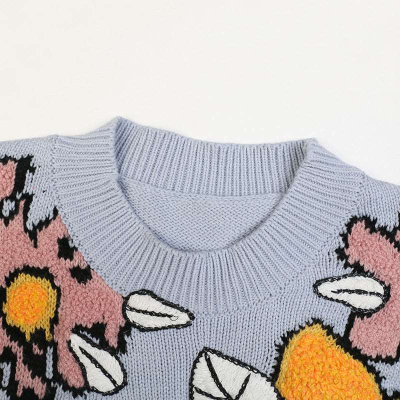 "Women's floral jacquard knit sweater, featuring long sleeves and a casual loose fit."