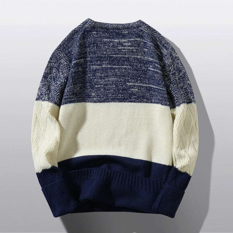 Men's round neck long sleeve color block warm casual sweater