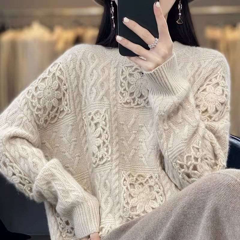 "Women's round neck crocheted hollow knit sweater."