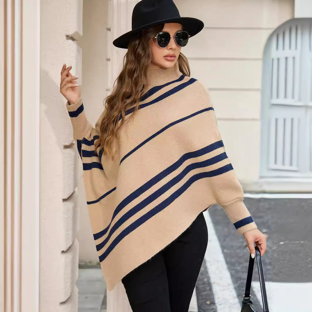 Striped cashmere cape sweater for women with batwing sleeves and a half-turtleneck