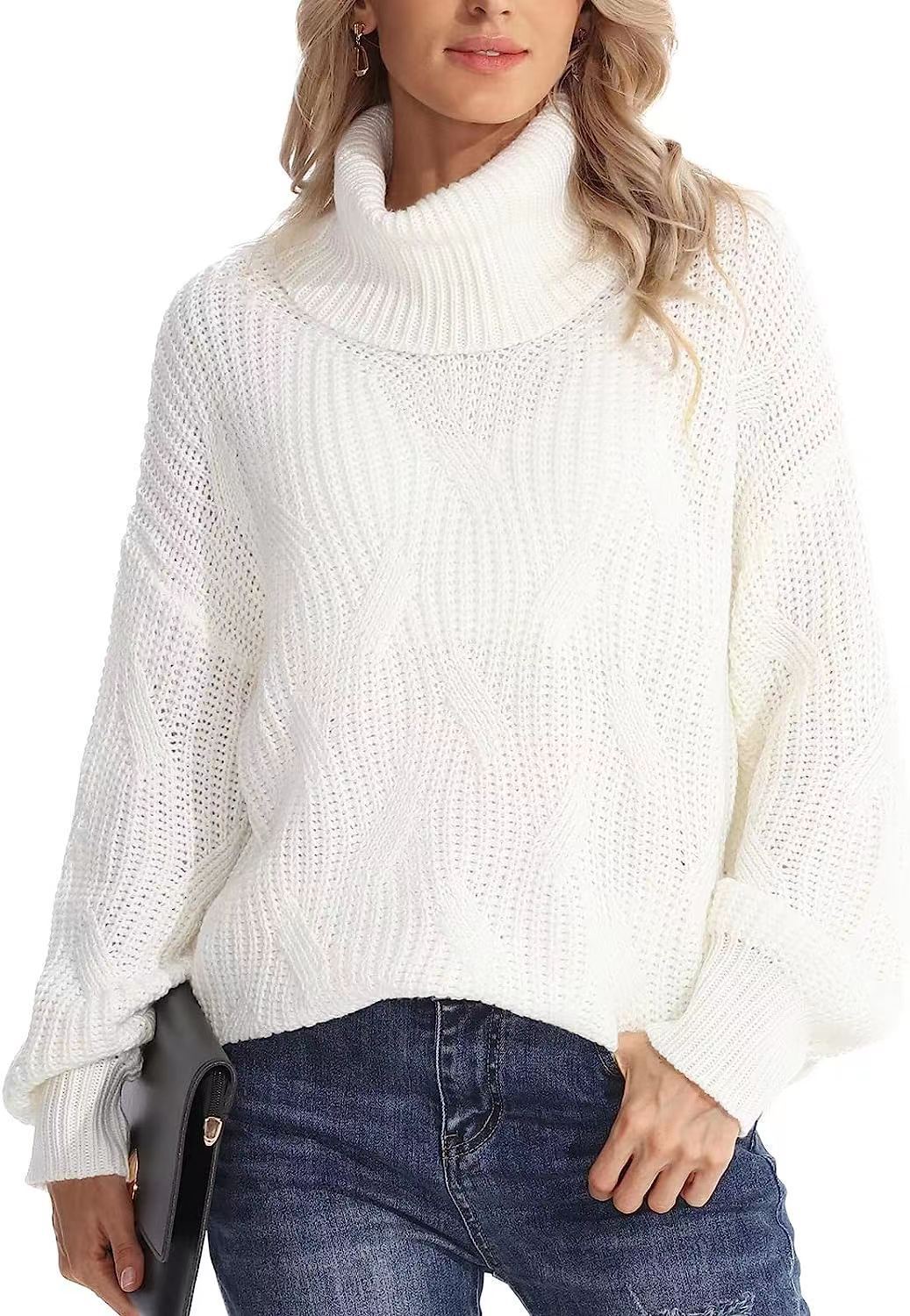 Women's loose high-collar twisted knitted sweater pullover with long sleeves