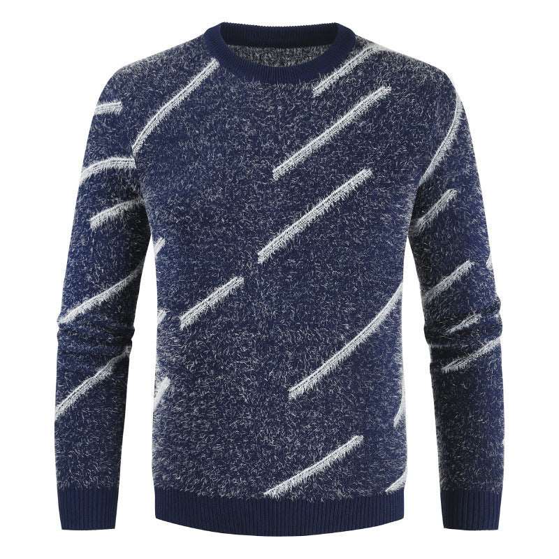 Men's slim-fit mohair sweater with a round neck and parallel lines pattern