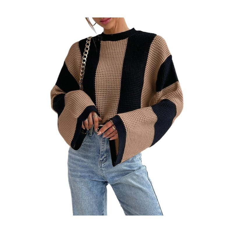 Striped casual knitted sweater with a round neckline for women