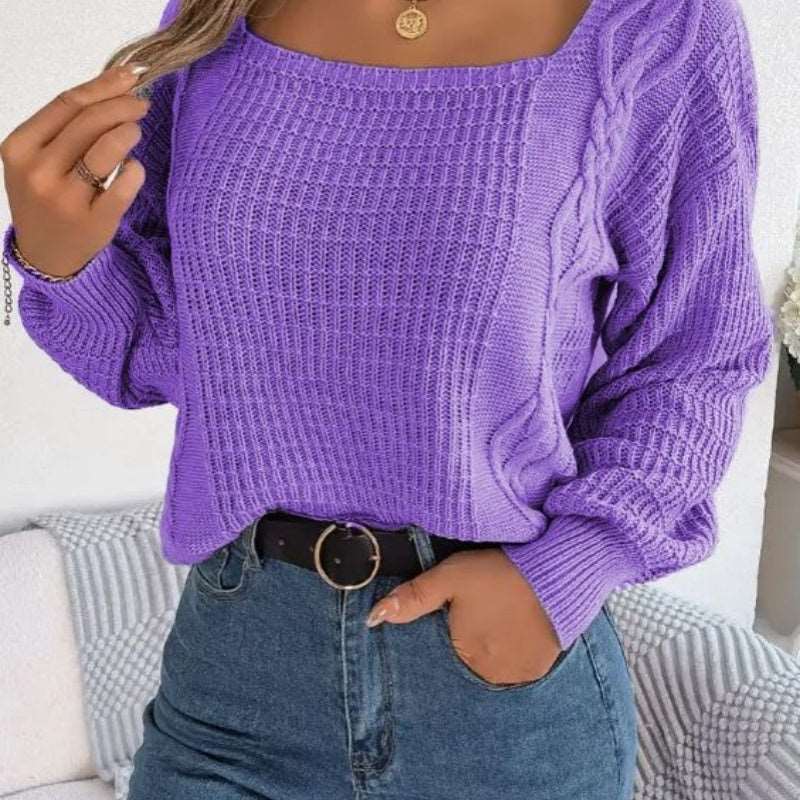 "Square collar cable-knit sweater for women, a fashionable acrylic pullover top."