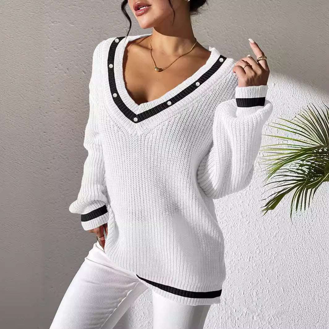 Women's stylish V-neck sweater with long sleeves and contrast colors