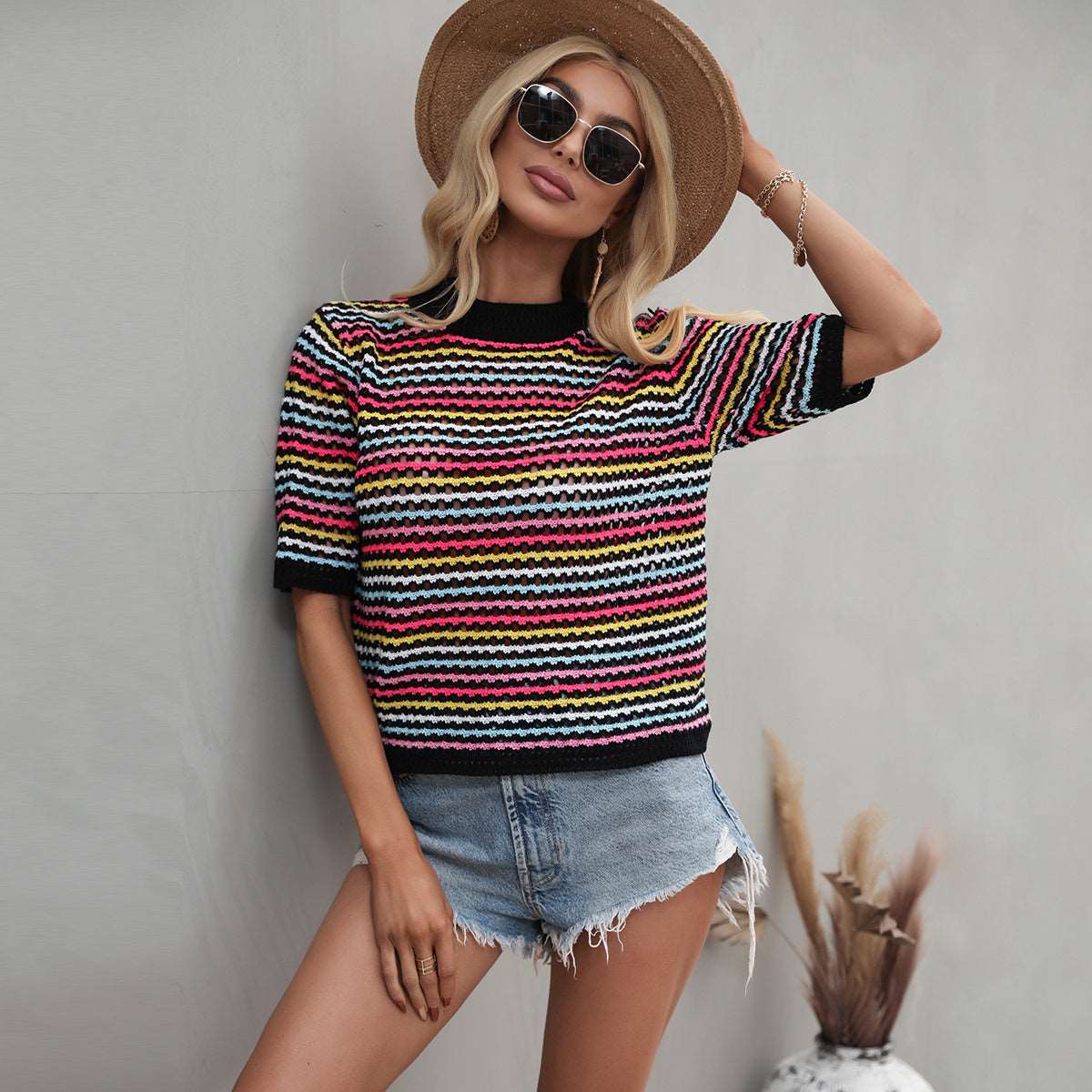 Womens stitching hollow knitted loose striped sweater