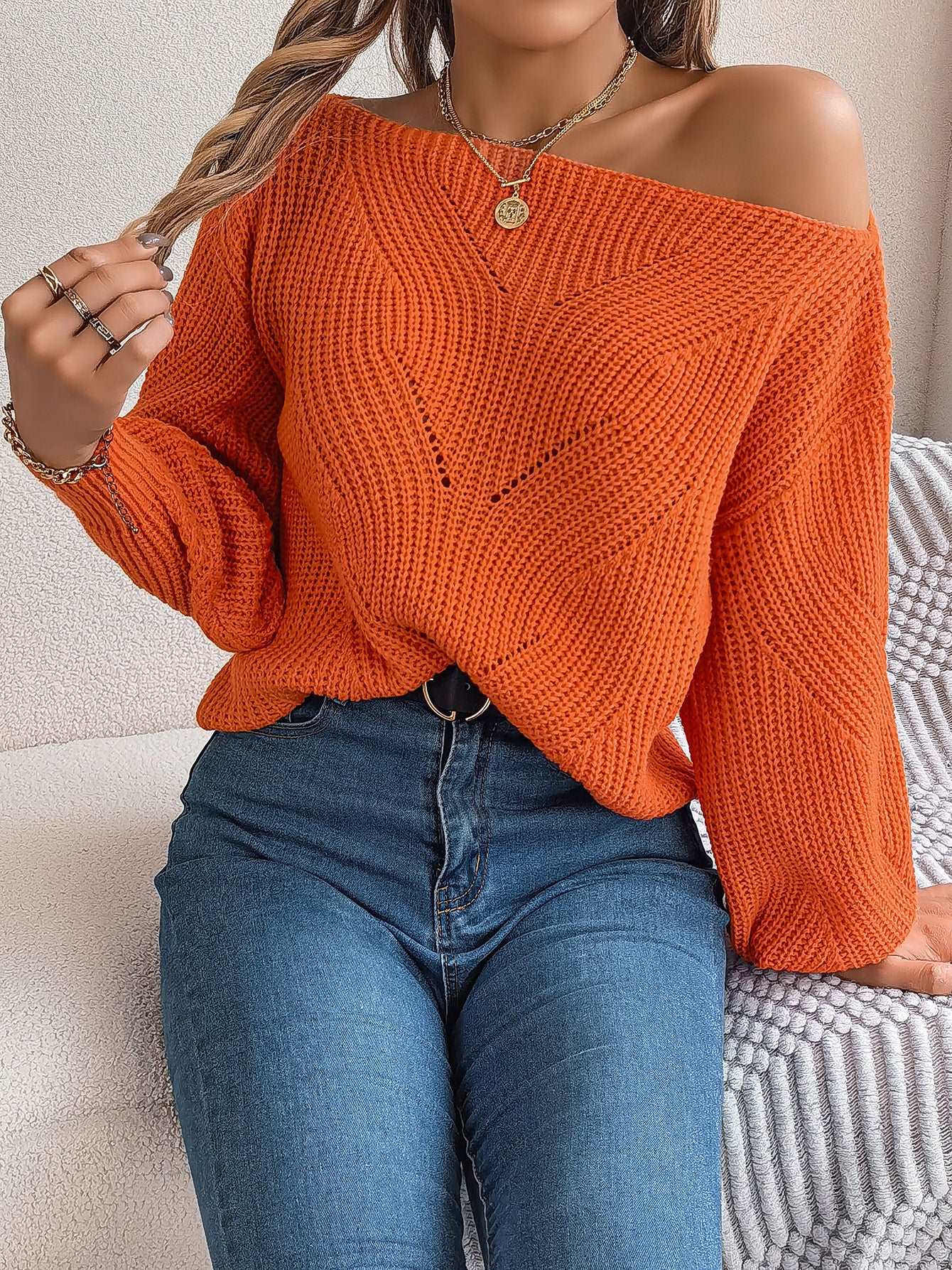 "Women's casual sweater with hollow-out off-neck and off-the-shoulder lantern sleeves."