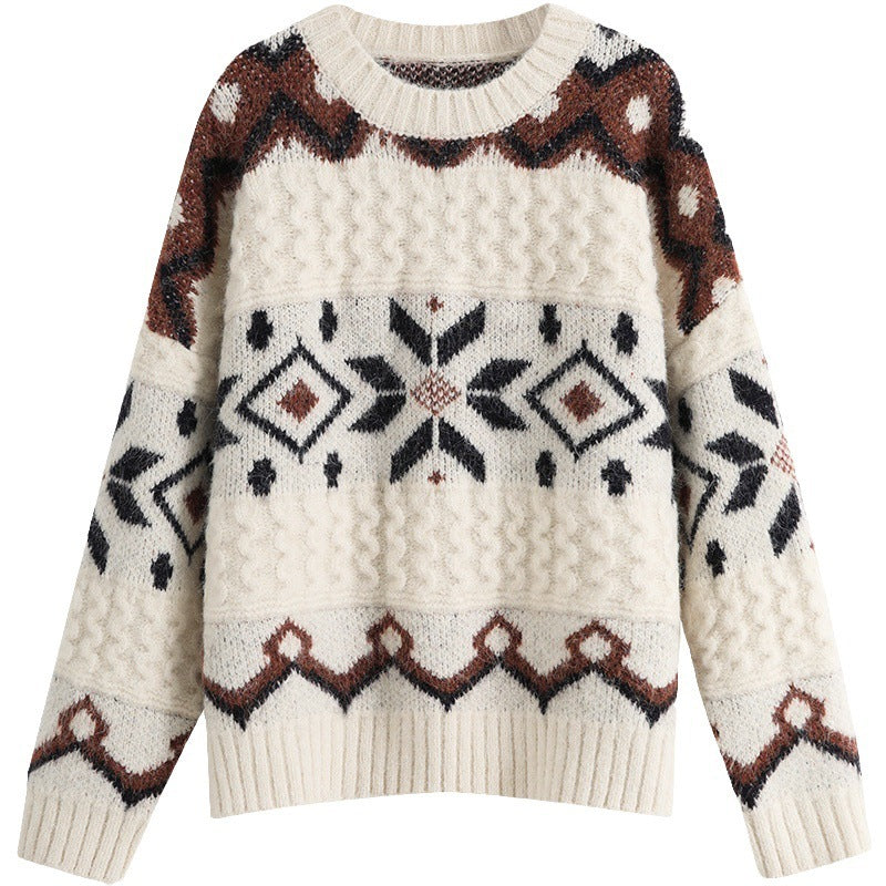 Geometric pattern retro-style soft, gentle, thickened, loose knitted sweater for women