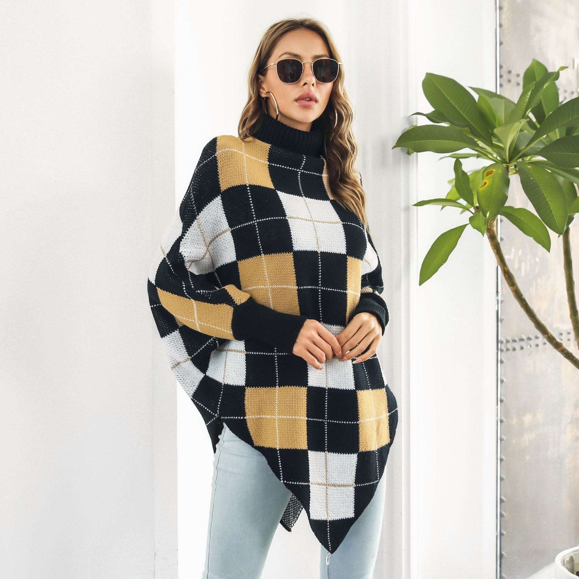 Women's mid-length knitted plaid jacquard cape sweater coat