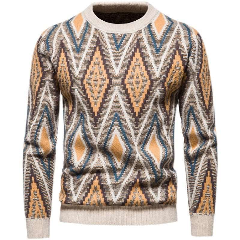 Fashionable men's slim jacquard sweater knitted top with geometric pattern