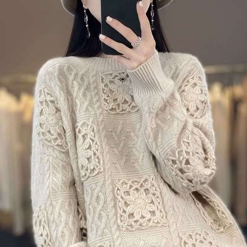 "Women's round neck crocheted hollow knit sweater."