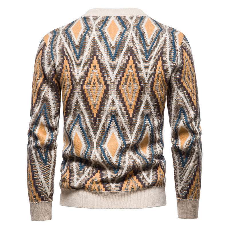 Fashionable men's slim jacquard sweater knitted top with geometric pattern