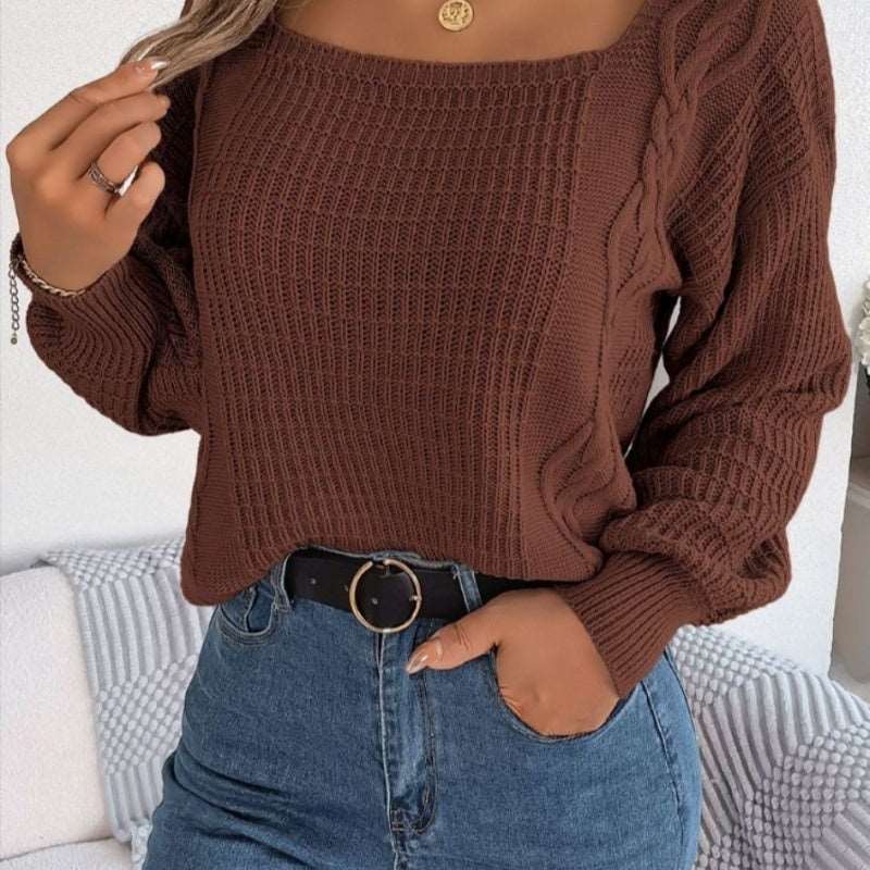 "Square collar cable-knit sweater for women, a fashionable acrylic pullover top."