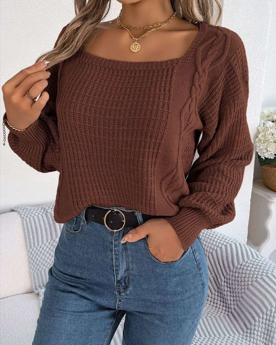 "Square collar cable-knit sweater for women, a fashionable acrylic pullover top."