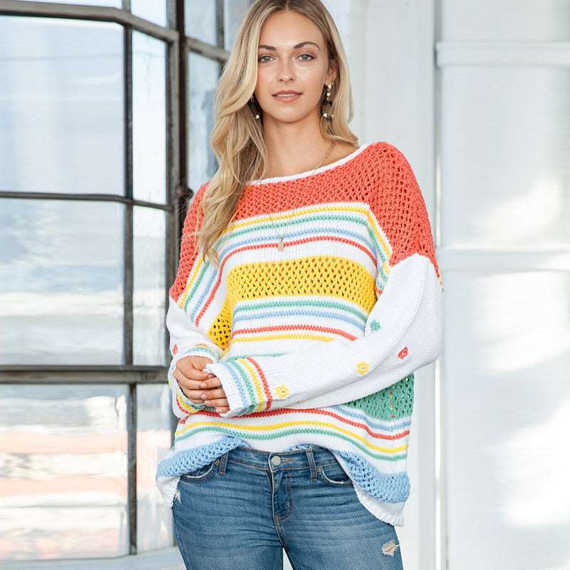 Women's round neck sweater - dopamine contrast, striped pullover