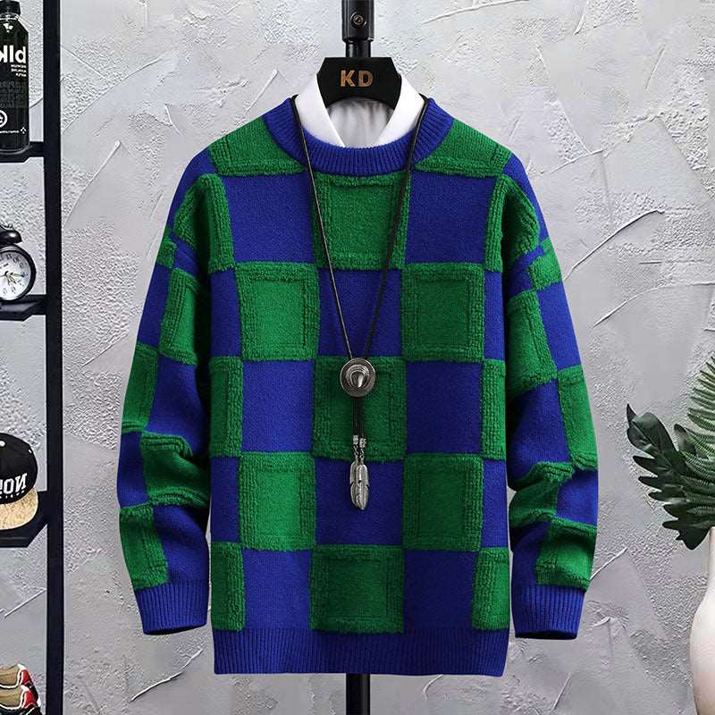 Men's trendy loose plaid round neck sweater