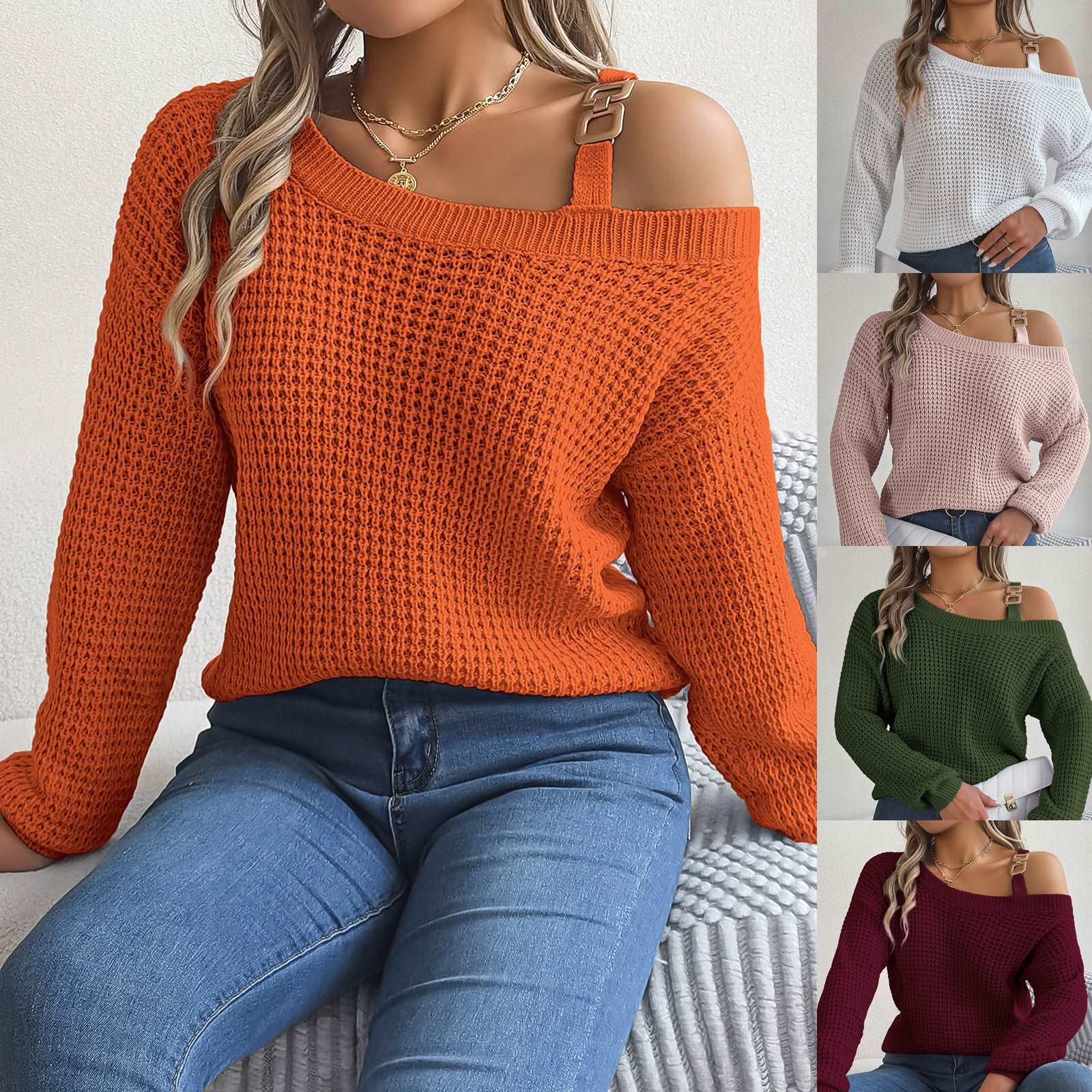 "Women's casual pullover sweater with metal buckle patchwork and cold-shoulder lantern sleeves."