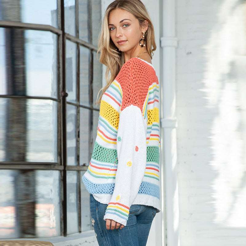 Women's round neck sweater - dopamine contrast, striped pullover