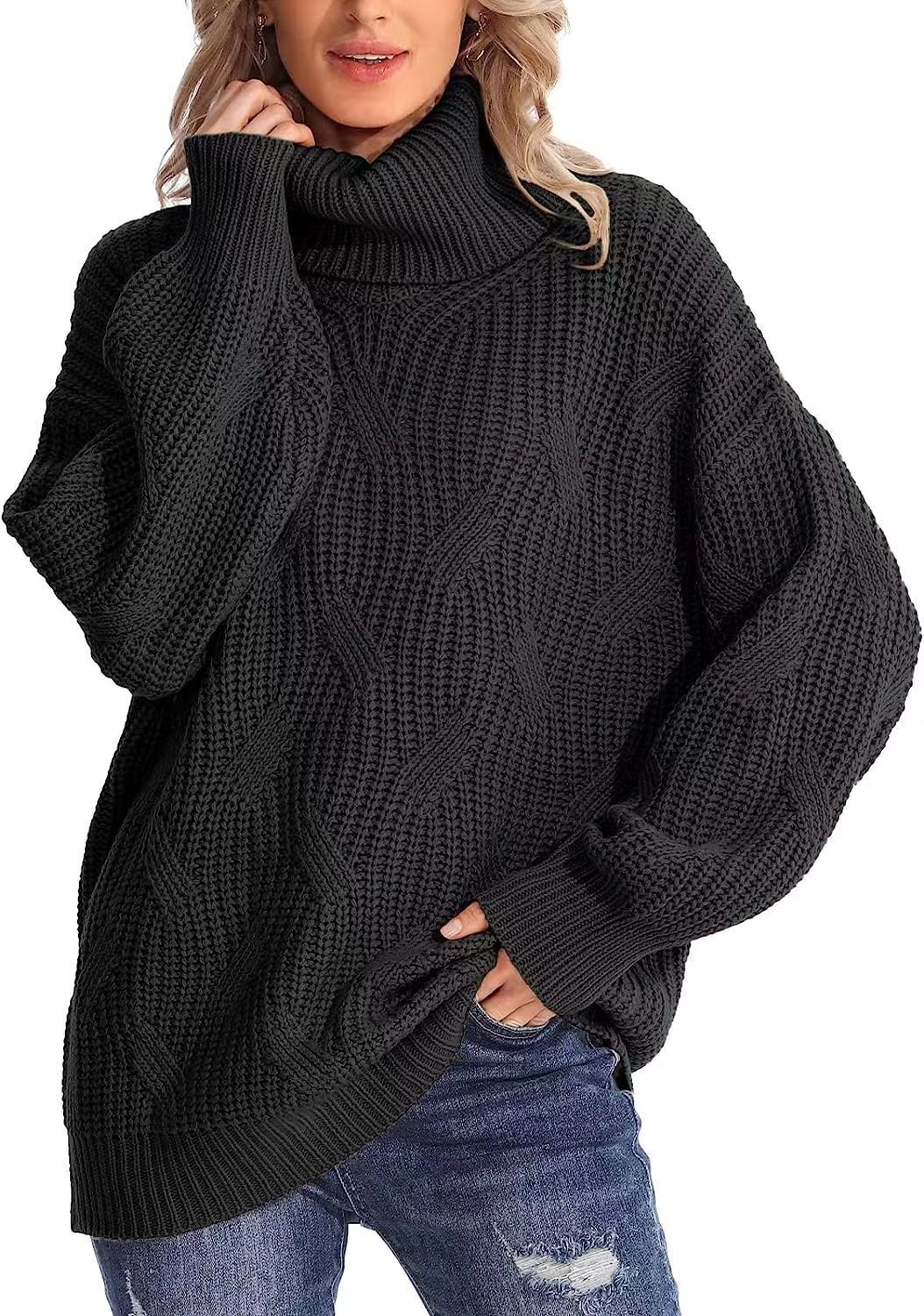 Women's loose high-collar twisted knitted sweater pullover with long sleeves