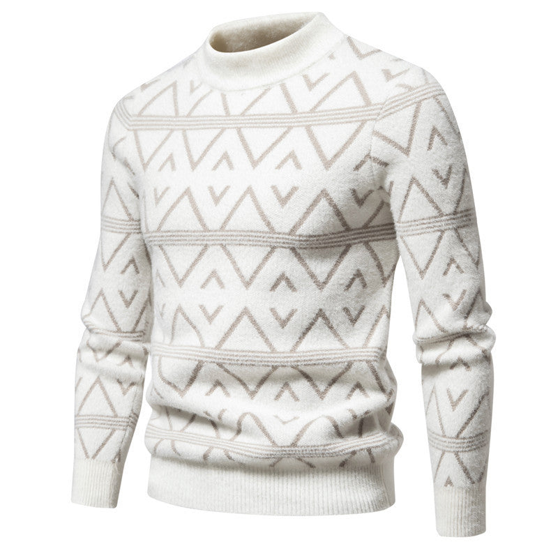 Men's geometric pattern round neck thick pullover sweater