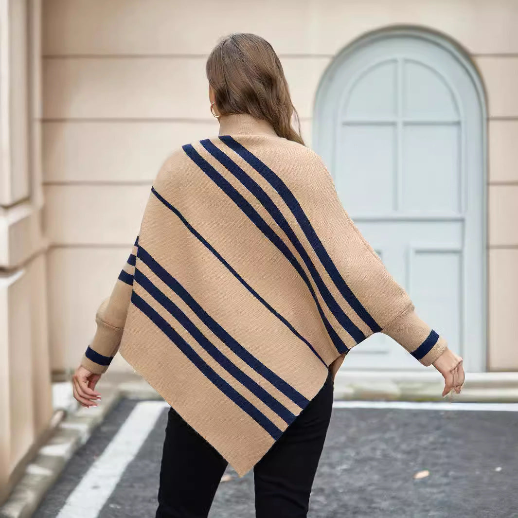 Striped cashmere cape sweater for women with batwing sleeves and a half-turtleneck