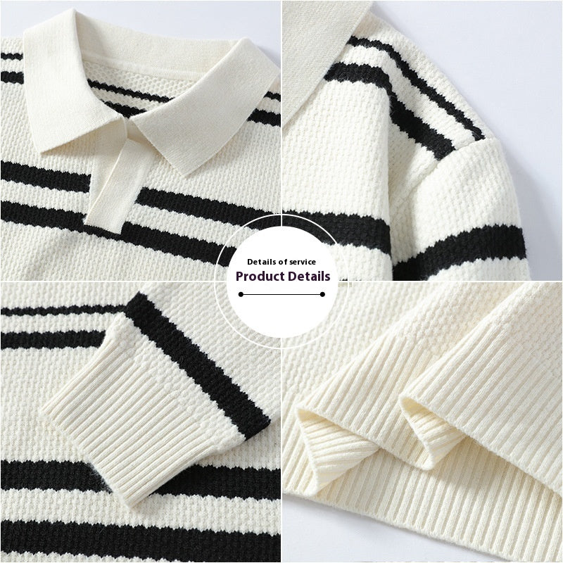 Men's comfortable striped sweater featuring an open collar and no buttons