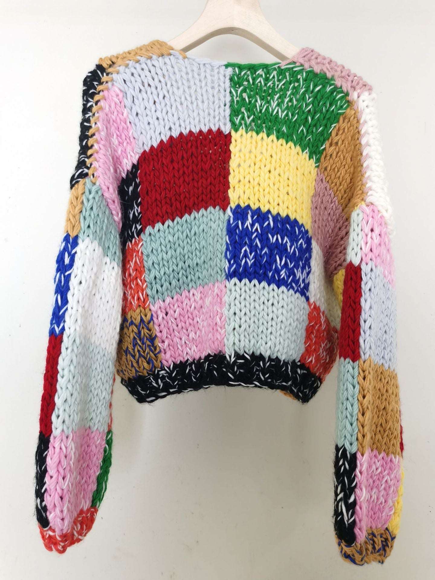 "Women's retro handmade rainbow plaid cardigan sweater."