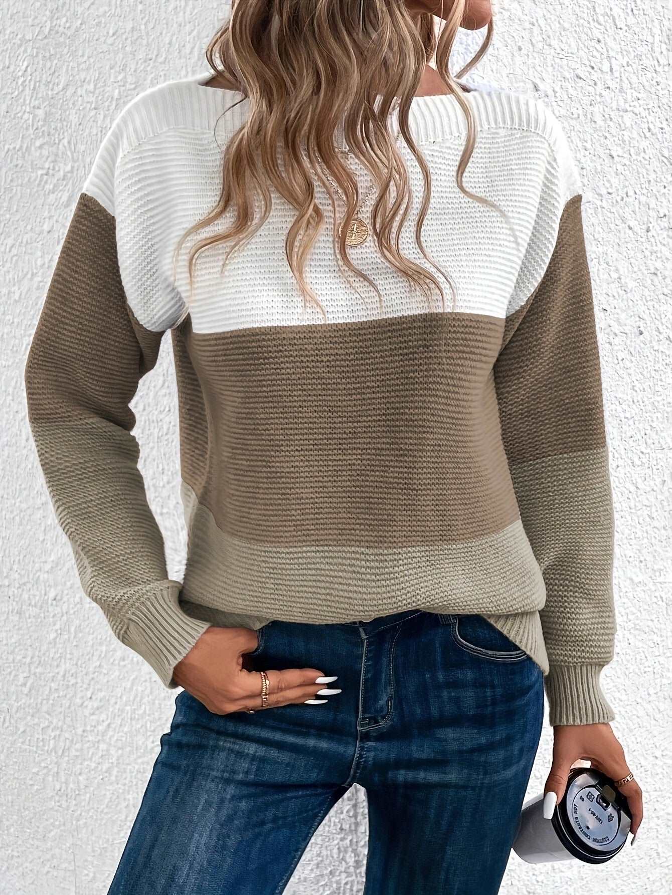 "Women's round neck splicing knitwear loose top wool sweater"