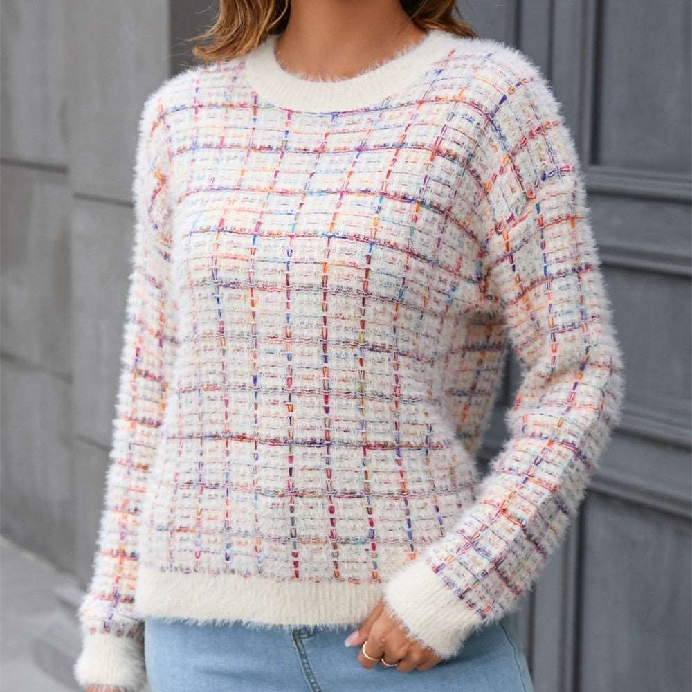 Stylish women's round-neck sweater with elegant stitching, ideal for any occasion