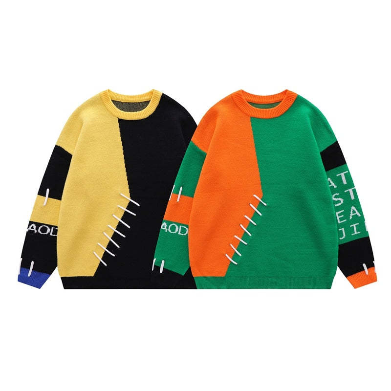 Men's retro color-block unique design sweater