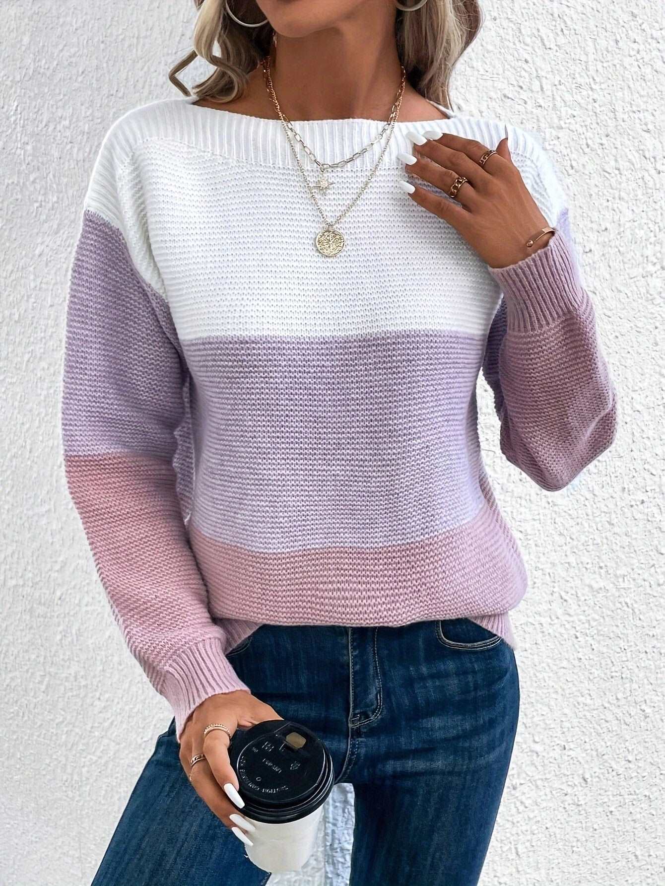 "Women's round neck splicing knitwear loose top wool sweater"