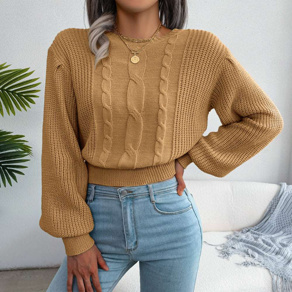 Leisure twist lantern sleeve knitted sweater with waist trimming for women