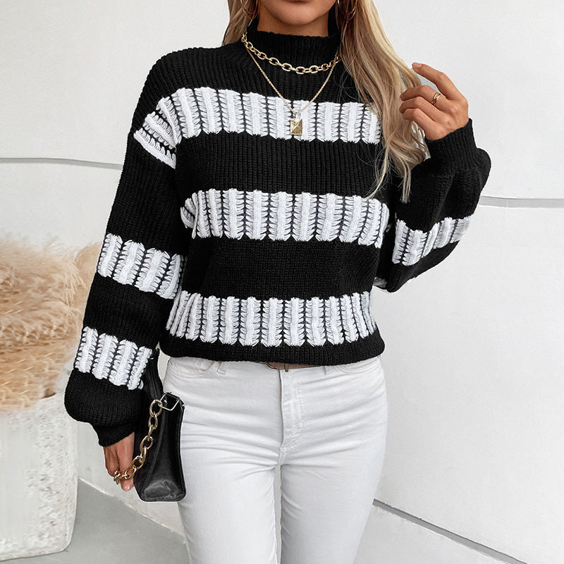 Women's casual half-turtleneck sweater with color-matching design