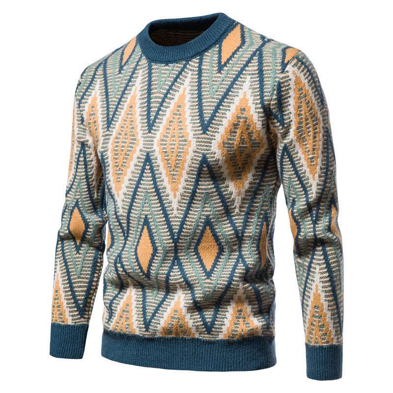 Fashionable men's slim jacquard sweater knitted top with geometric pattern