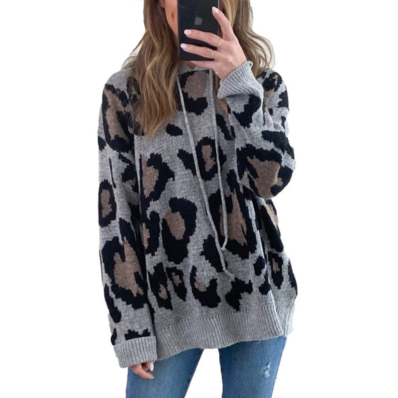 Exotic leopard print hooded sweater, a loose pullover designed for women