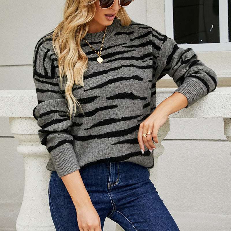 "Striped tiger pattern color matching pullover sweater for women."