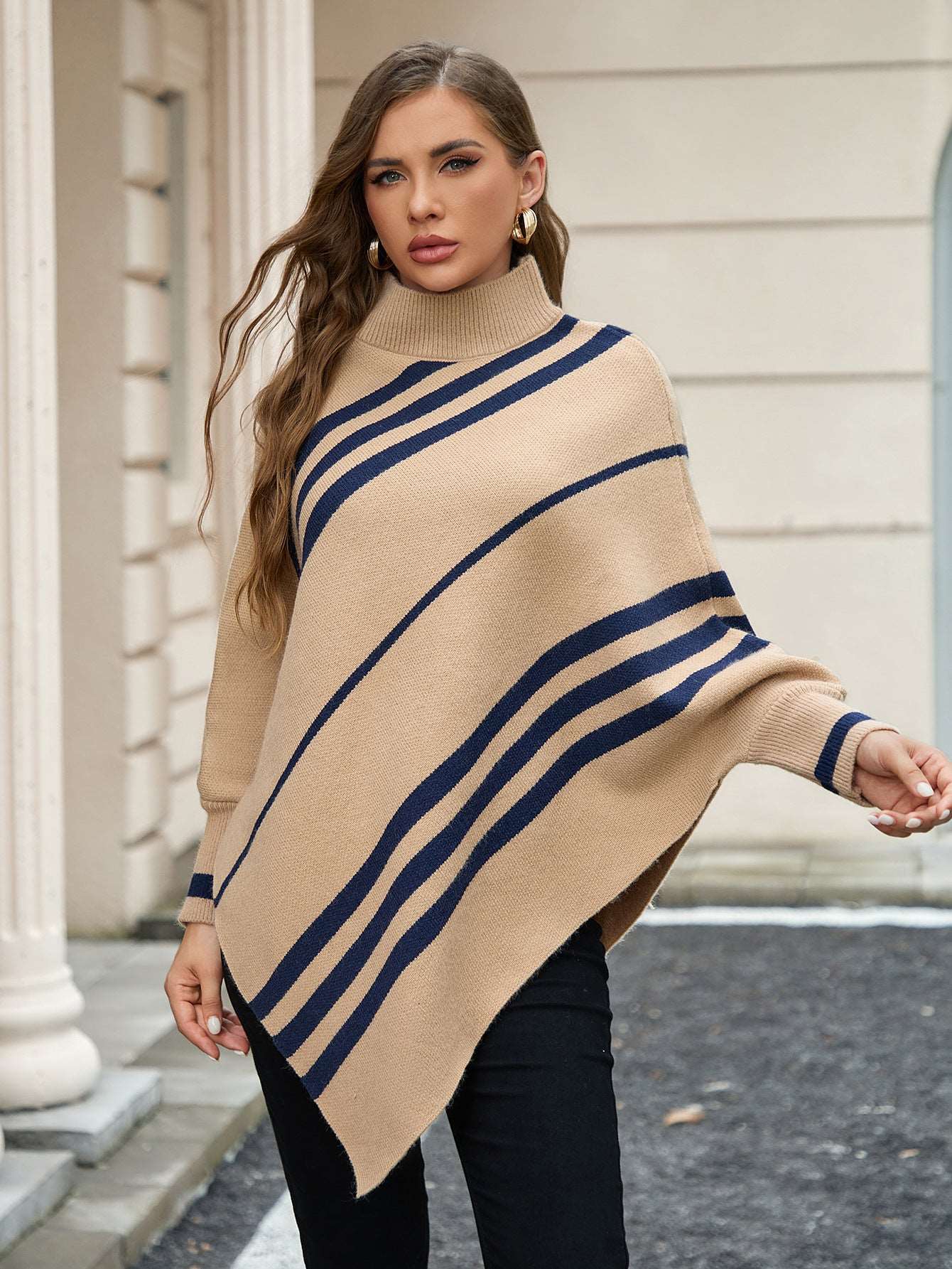 Striped cashmere cape sweater for women with batwing sleeves and a half-turtleneck