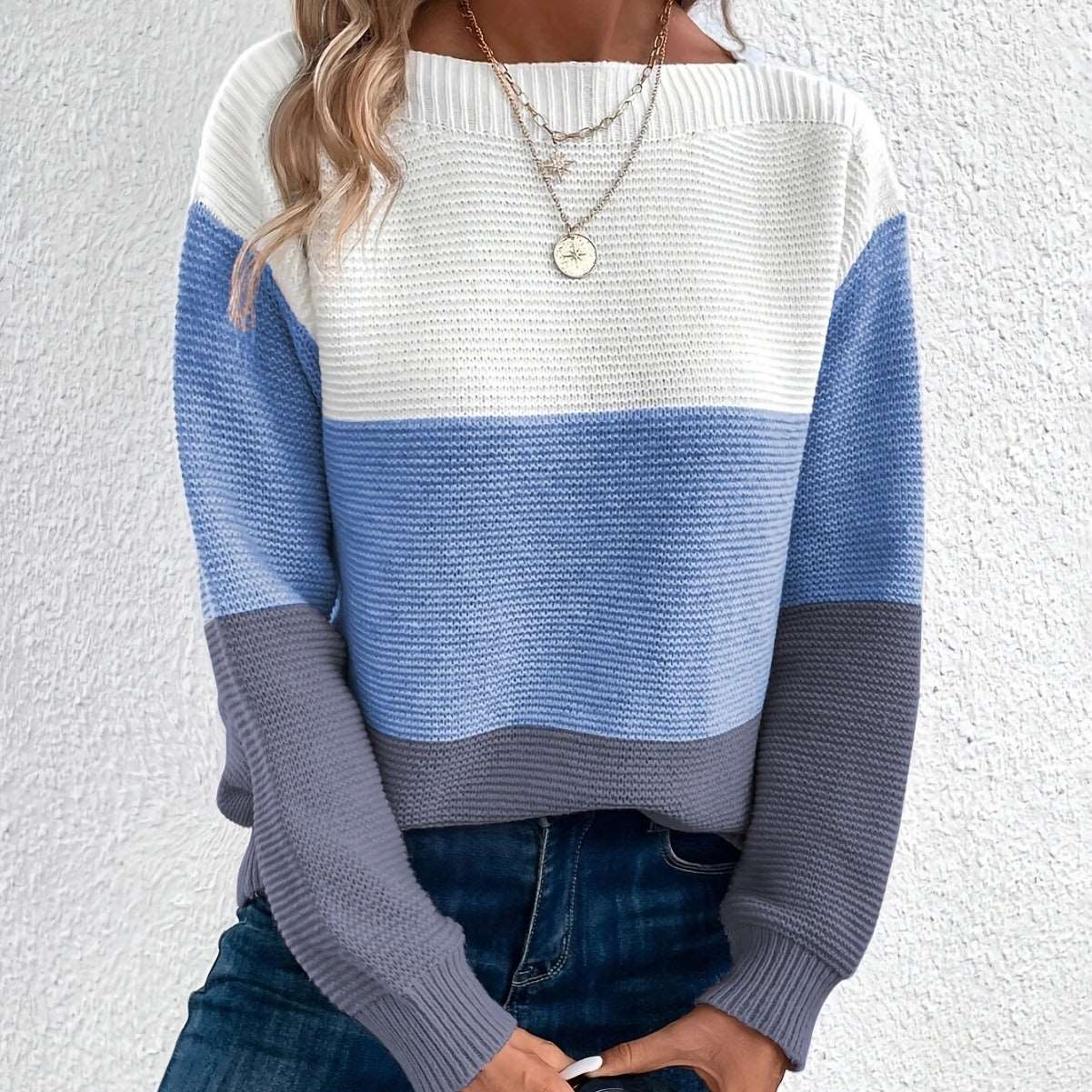 "Women's round neck splicing knitwear loose top wool sweater"